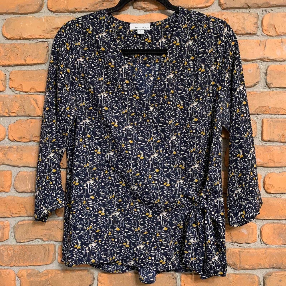 Allison Joy‎ Floral Print Blouse Womens Size Small 3/4 Sleeve Tie Waist Top Navy